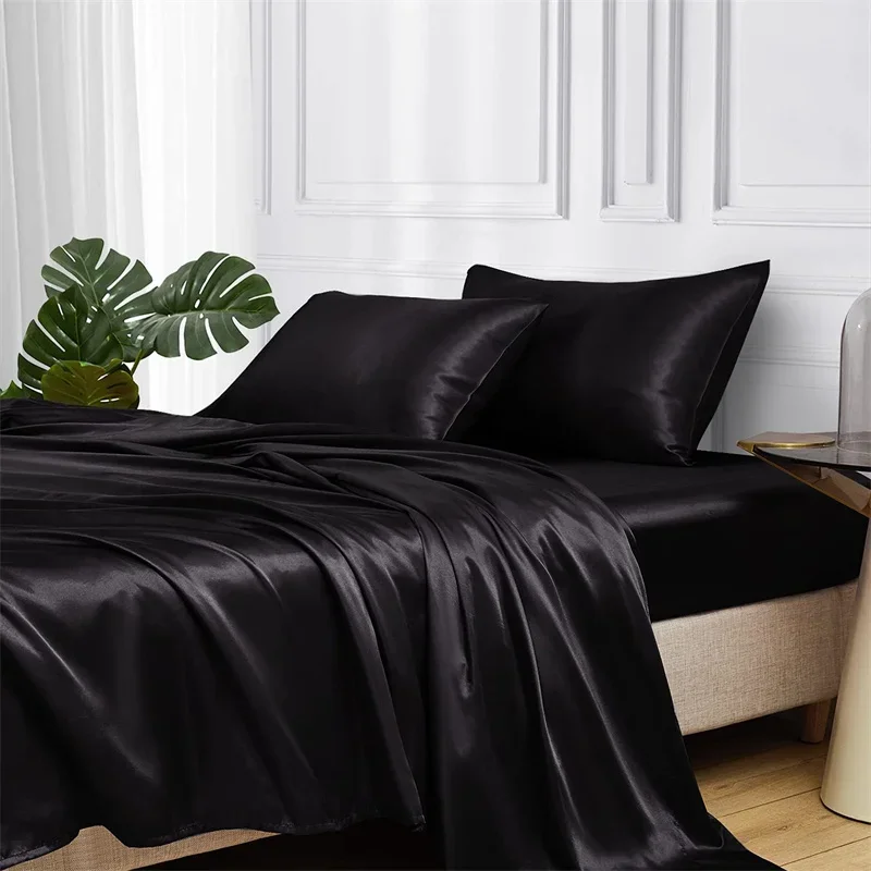 

Luxury Black Bed Sheet Set Mulberry Silk Bedding Set Fitted Sheet Flat Sheet Pillowcase Double Queen King Bed Silky Antiallergic