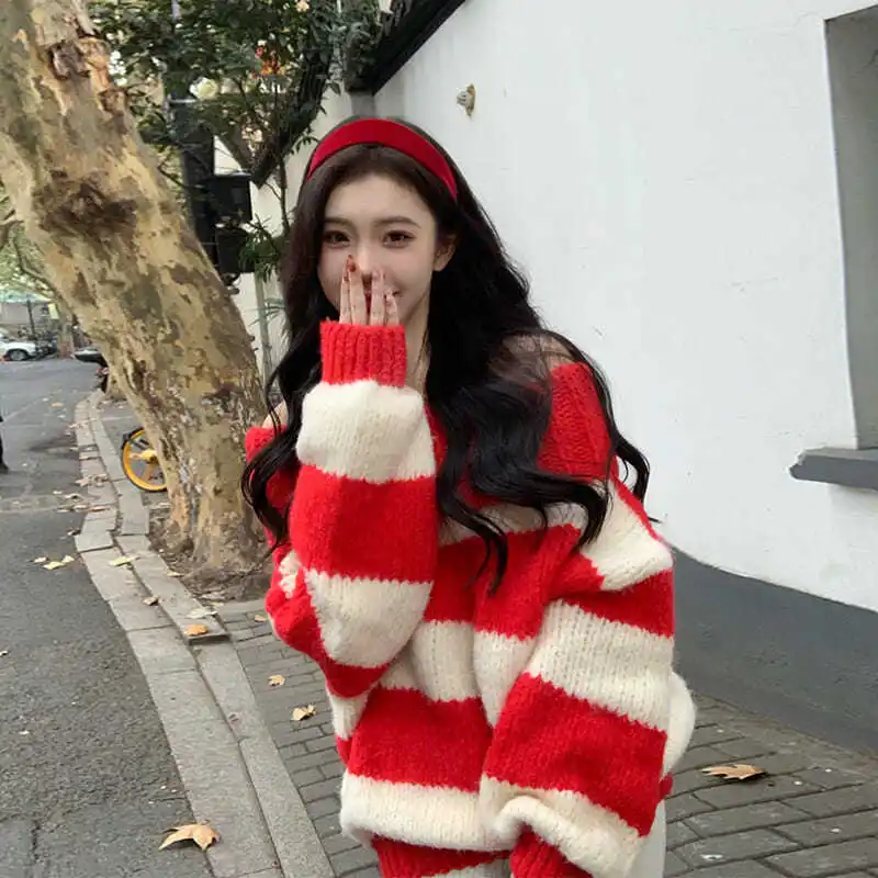 Red Striped Slash Neck 2022 Pullovers for Women Christmas Korean Style New Arrival Baggy Elegant Fashion Aesthetic Harajuku Ins