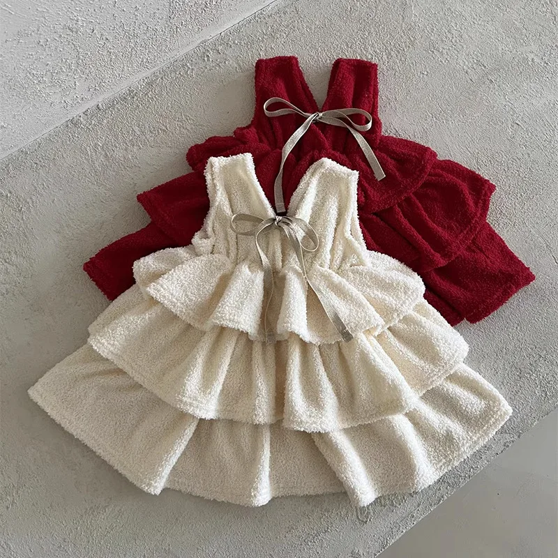 2025 Winter New Girls Sleeveless Princess Dress Children Fleece Dress Cute Baby Girl Christmas Party Dress Kids Warm Clothes