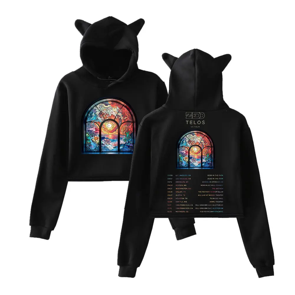 

Zedd Merch TELOS US TOUR Cat Ear Hoodie Women Long Sleeve Cropped Sweatshirts Female Casual Streetwear Crop Tops