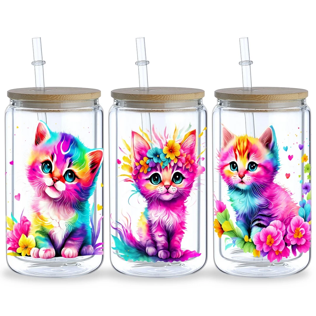 14pcs Cute Flower Cat UV DTF Transfer Stickers, Waterproof Stickers, Stickers, Suitable for DIY,Crafts For 16 oz glass