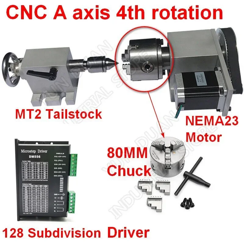 

4 Axis rotation A Axis Extend Rotary & Nema23 stepper motor & Driver & 80mm Chuck& MT2 Tailstock kit for wood CNC Milling Router