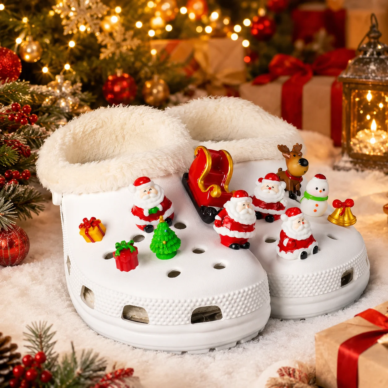 11Pcs 3D Christmas Shoe Charms Set, Santa Snowman Reindeer Gift Box Bell Tree Sleigh Resin Shoe Decorations, DIY Hole Clog Sanda