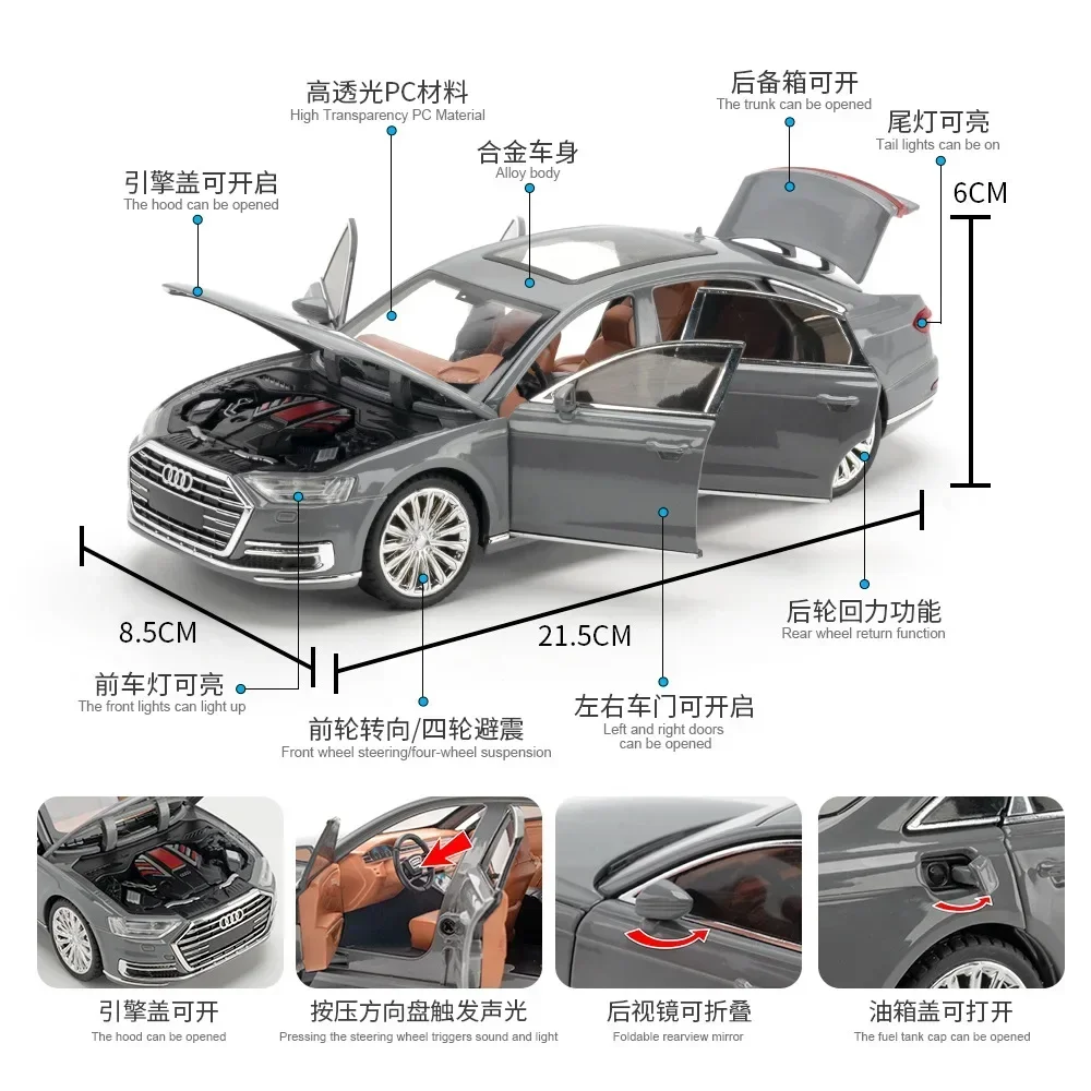 1:24 Audi A8 Diecast miniatur mobil mainan logam logam campuran Model mobil tarik ke belakang suara & lampu pintu dapat dibuka koleksi hadiah untuk anak laki-laki C186