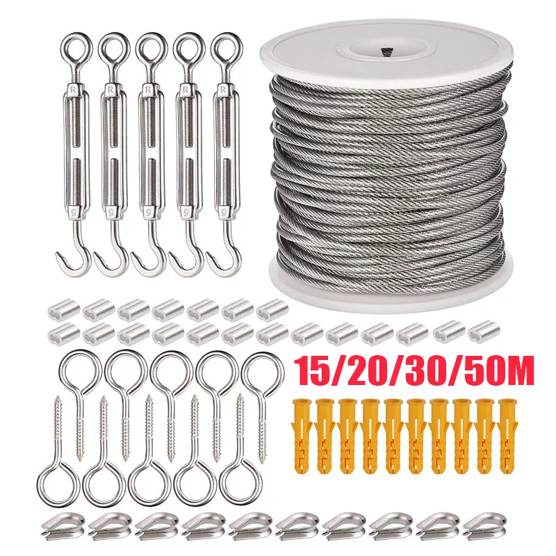 

1 Set 15/30/50 M Multifunctional Wire Rope Kit Stainless Steel Cable Tent Cord Hanging Clothesline Outdoor Cable Guardrail Ropes