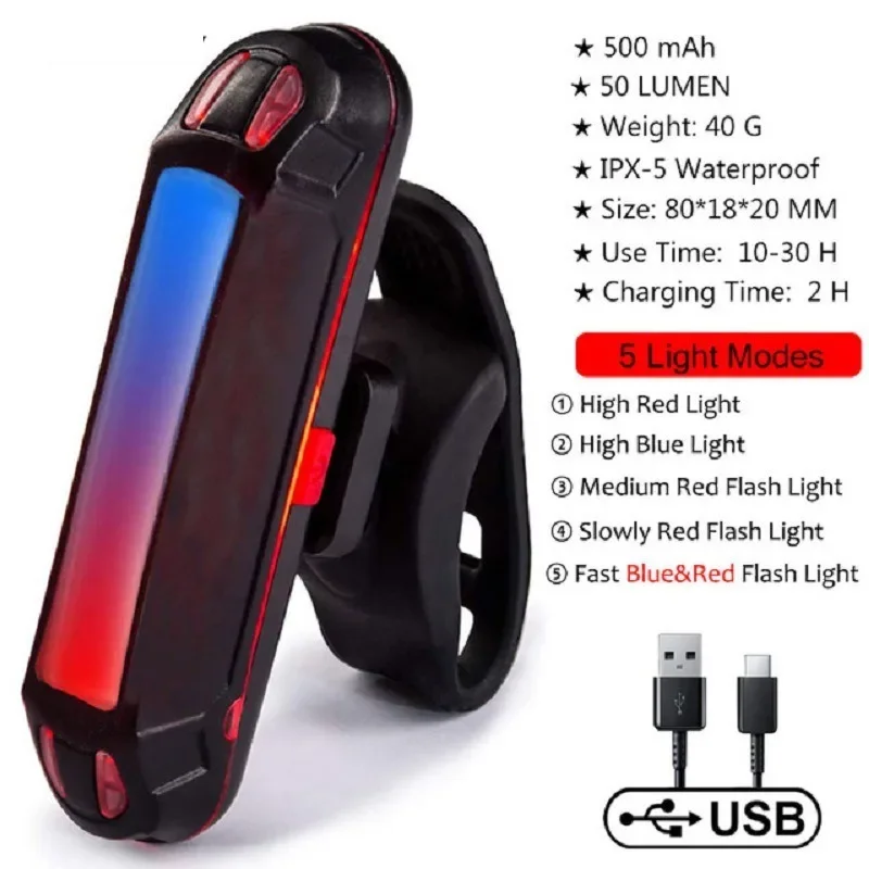 Enquêter arrière LED étanche pour vélo, aste par USB, lampe à iode de sécurité, accessoires clignotants de vélo, feu arrière de cyclisme de nuit