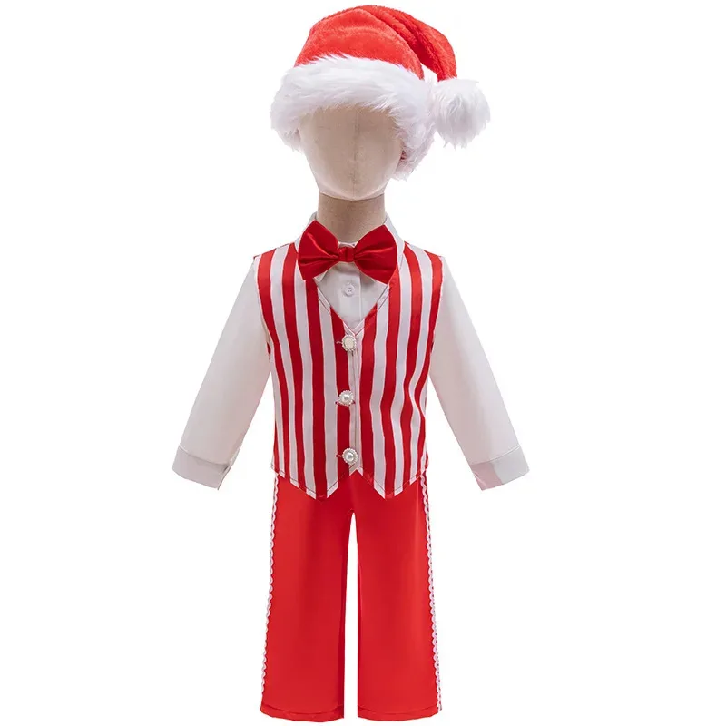 الجديد 0-6 سنوات الصبي عيد الميلاد ملابس الصبي شهم دعوى طويلة الأكمام قميص أبيض مخطط + السراويل قبعة 4PS فستان عيد ميلاد الطفل