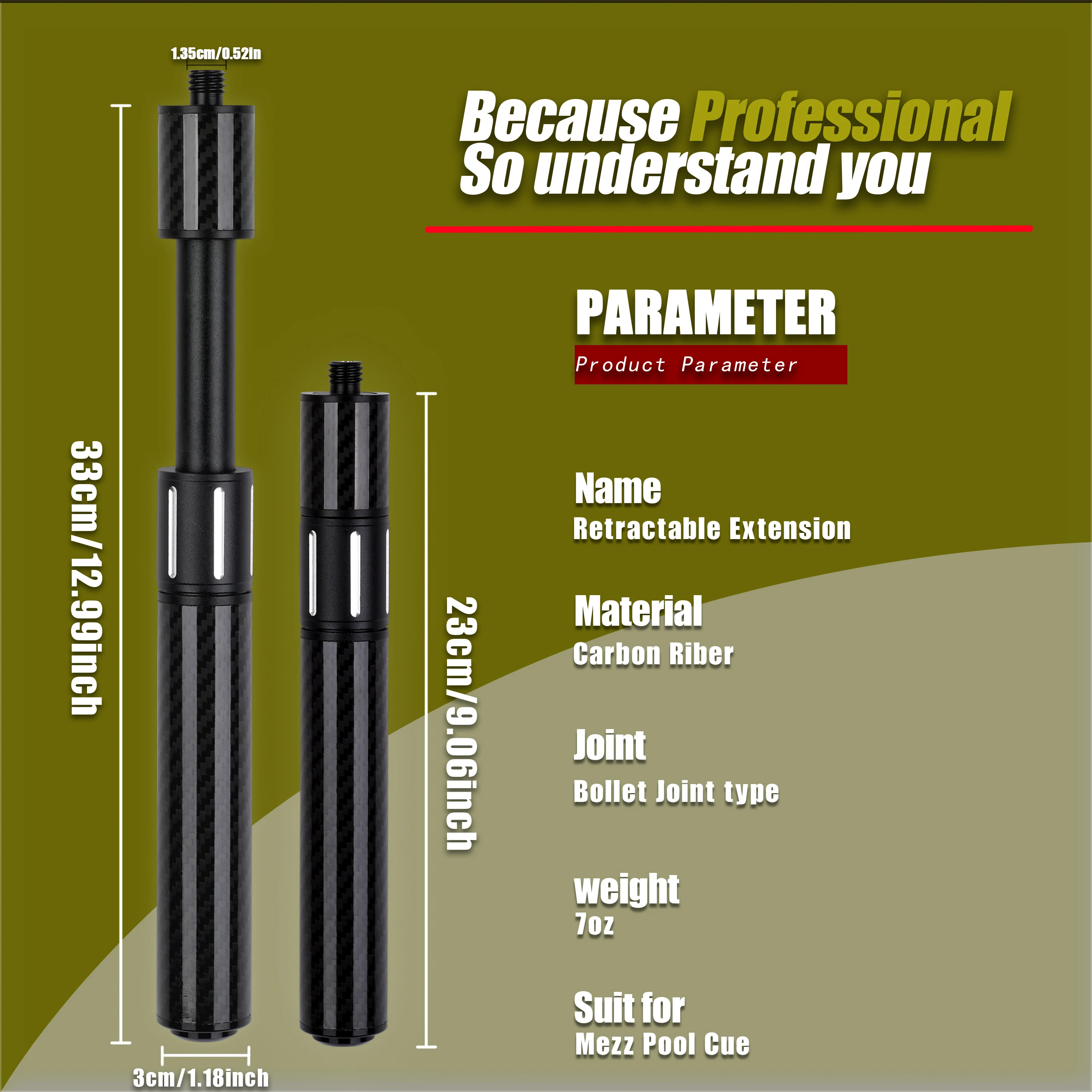 Universelle Teleskop-Queueverlängerung aus Carbonfaser, Pro-Serie, 9-Ball-Zubehör mit Bullet Joint Pin – Detail 3