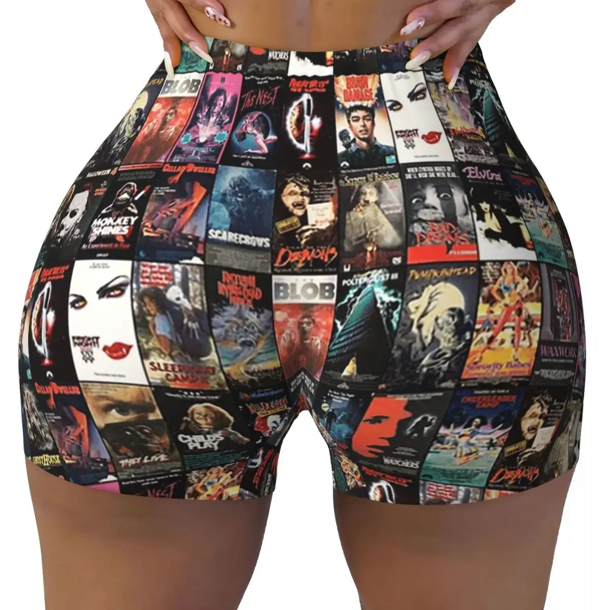 Custom RETRO HORROR VHS ARTWORK - 1988 Yoga Shorts Women Gym Workout Running Athletic Volleyball Biker Shorts