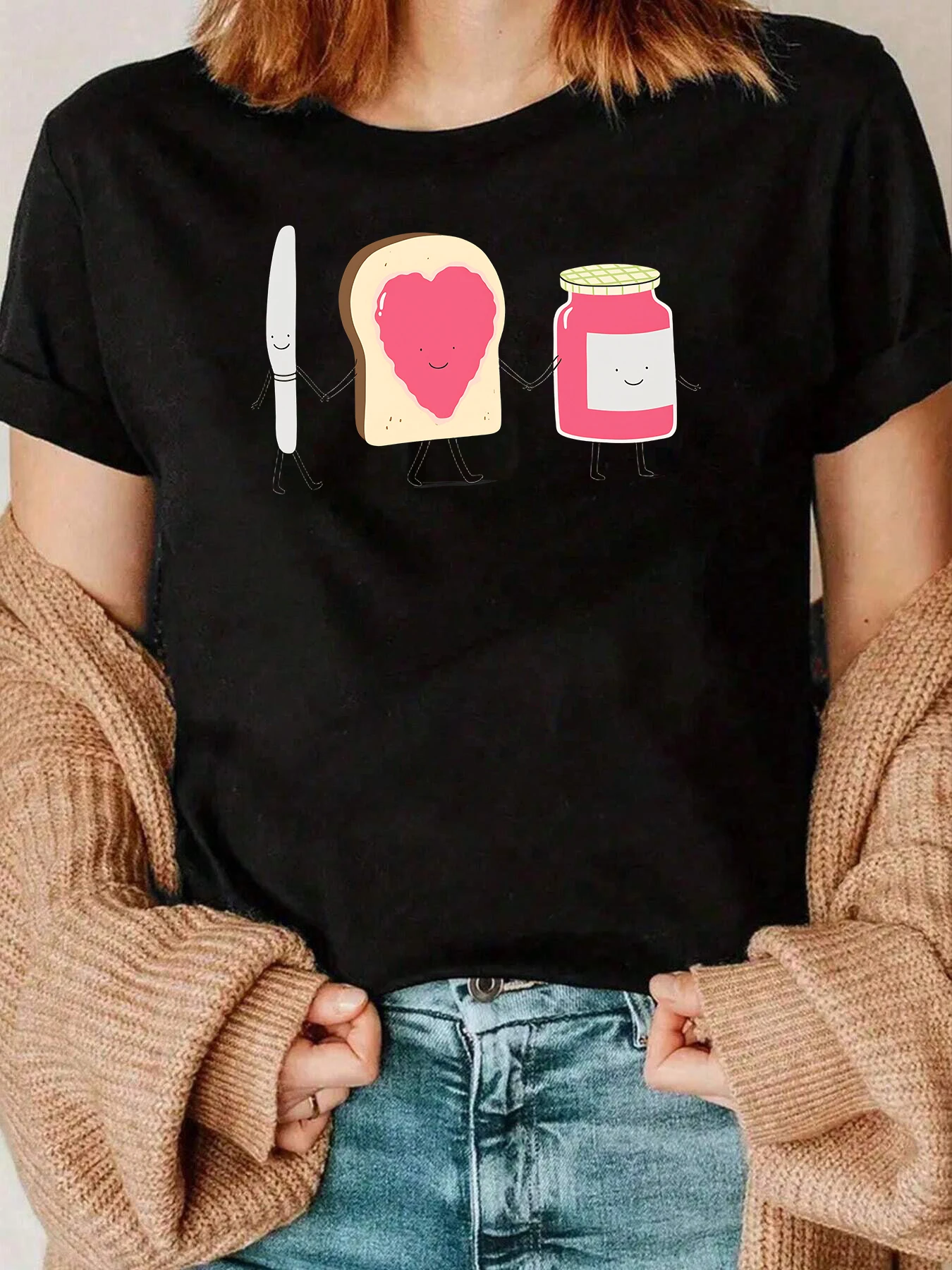 Valentinstag-T-Shirt mit Erdnussbutter und Gelee-Sandwich-Aufdruck für Damen, Freizeitkleidung, 220 g