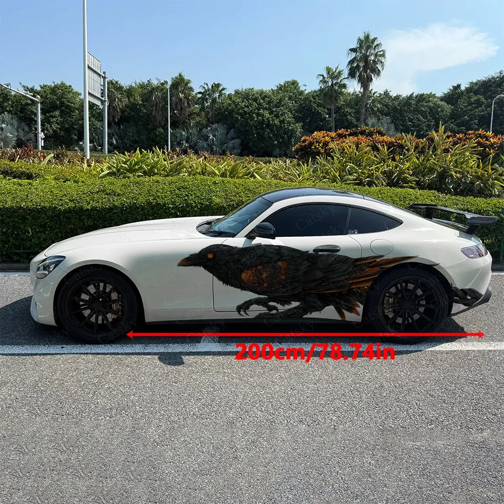 2pcs Black Feather Flame Raven Car Side Wraps, Self-Adhesive PVC Waterproof & Scratch-Resistant Stickers, Car Accessory Gift