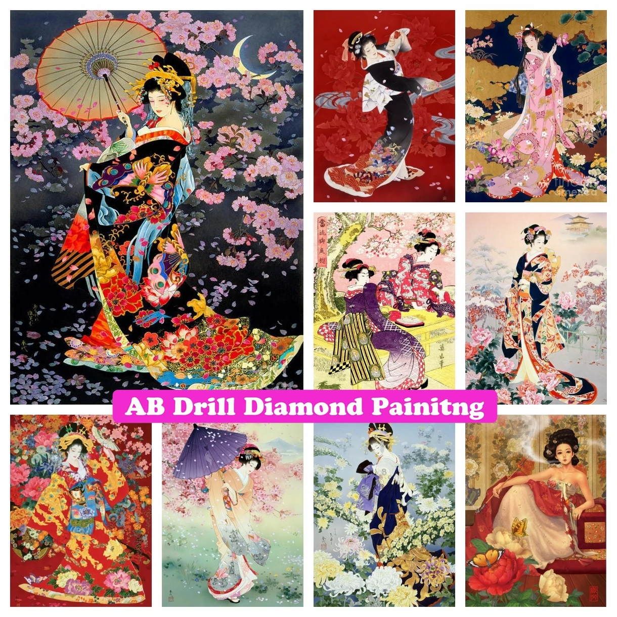 Japanese Geisha 5D AB Drills Diamond Painting Kimono Beauty Woman Flowers Art Embroidery Cross Stitch Mosaic Home Decor 2022 New