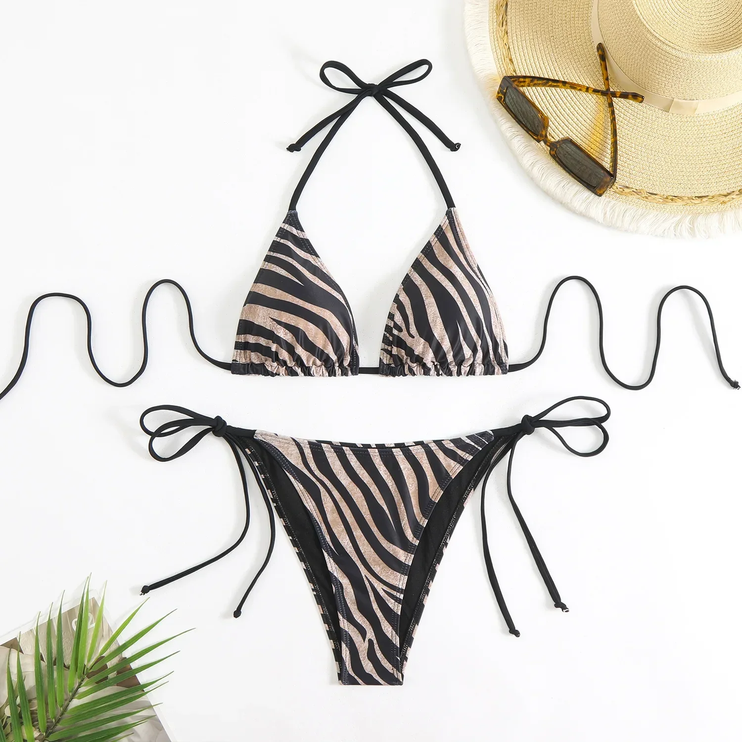 sexy zebra pattern print halter string bikinis sets two pieces tie thong swimsuit bathing suit swimwear biquini bakini tankini