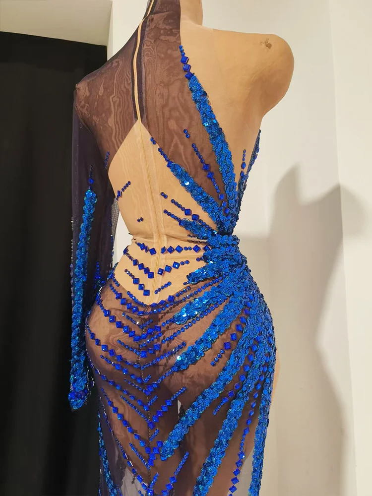 Sexy Sparkly Dark Blue Crystal One Shoulder Split Dress Mesh See Transparent Party Latin Dance Club DJ Outfit Celebrate Designer view 4
