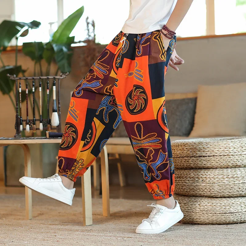 Męskie spodnie haremowe z nadrukiem 2023, nowe bawełniane lniane spodnie ze sznurkiem Streetwear Hip Hop Fitting Jogging Loose Casual Wide Leg Pants