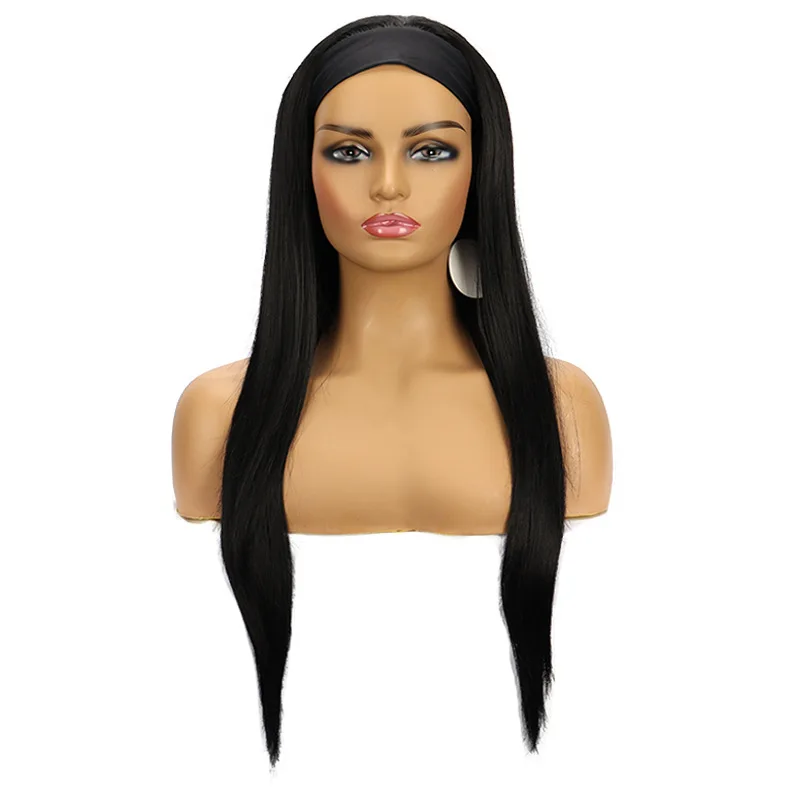 fashion black long straight hair stretch bandana  chemical fiber head cover headband wigs