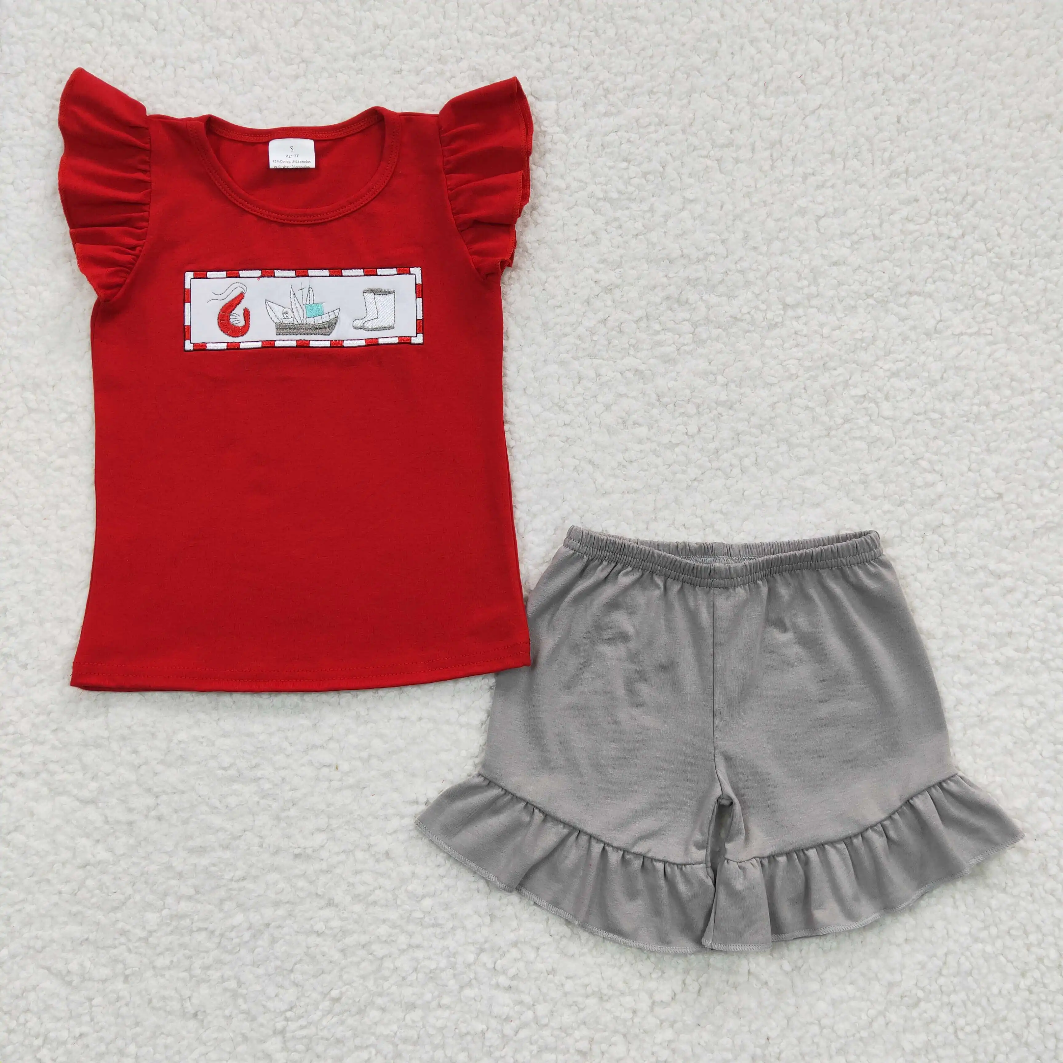 L​atest Update RTS Baby Embroidery Outfits Red T Shirt Kids Girls Grey Shorts Set Children Clothing Boutique Summer