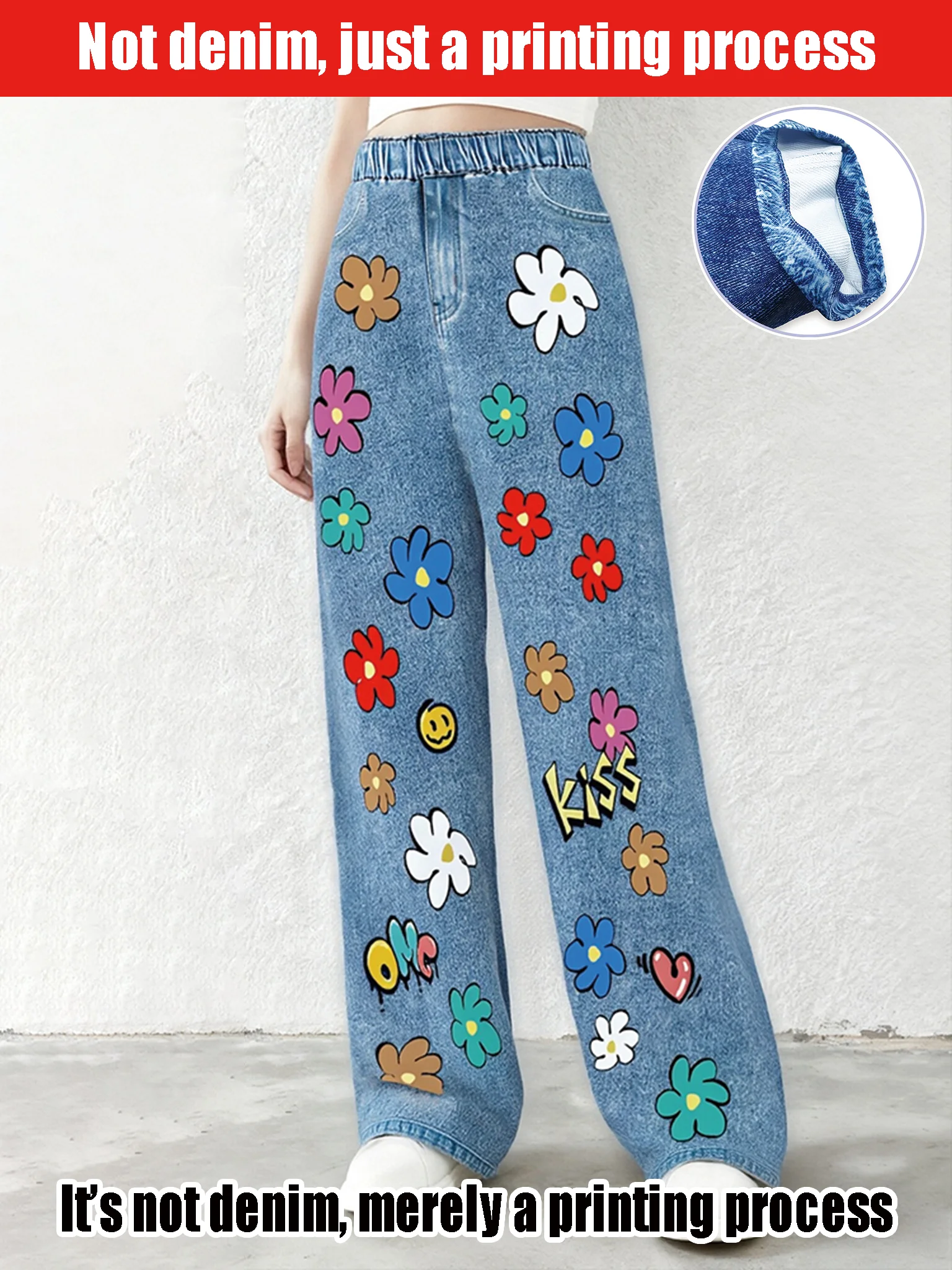 2025 Street Daily Fashion Casual Wide Leg Pants - Color Small Print - Children's Elastic Waist Imitation Denim Pants