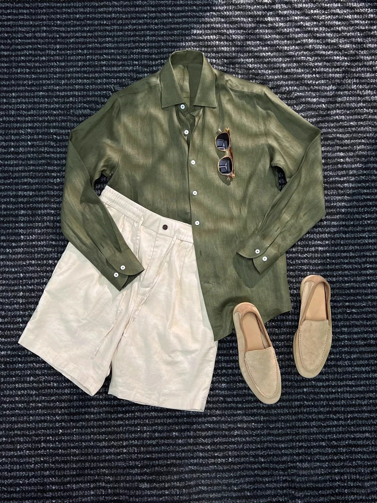 

New Autumn Men's Slim Fit Linen irt Long Sve Simple Sle Luxury Busin Casual Navy Collar Breathable Comfortable