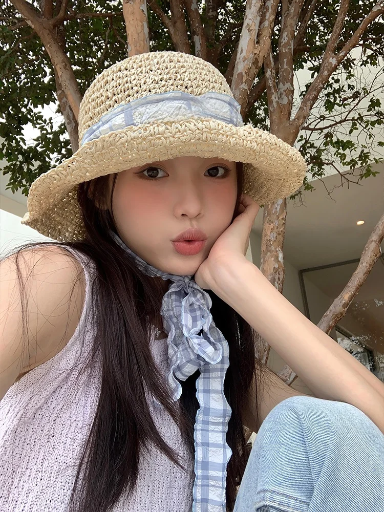 Summer Travel Large Brim Straw Hat Women's Beach Sun Protection UV Protection Ribbon Hat Field Style round Top Cap for Teens ...