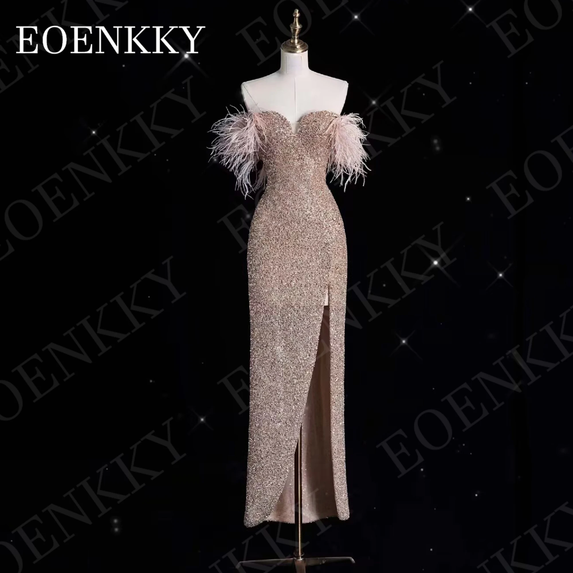 EOENKKY Luxury Mermaid Evening Dress Sparkly Sequins Feathers Off Shoulder Special Occasion Dresses Split Detachable Bow Train