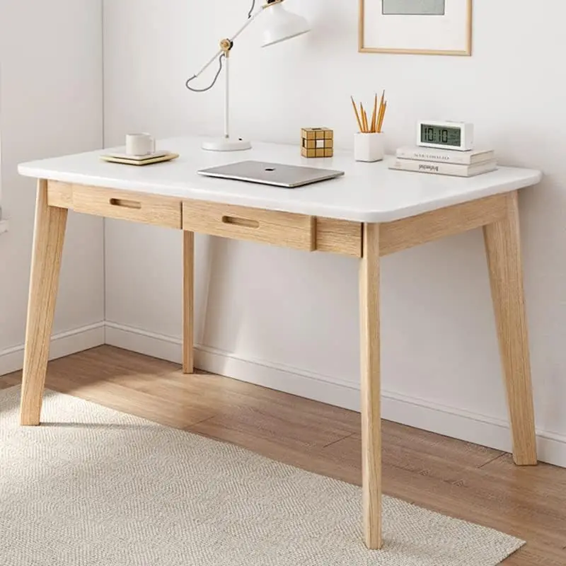 

Solid Wood Writing Desk - Home Office Workbench Desk with Drawer, 39.37" Width Laptop Computer Work Study Table in White
