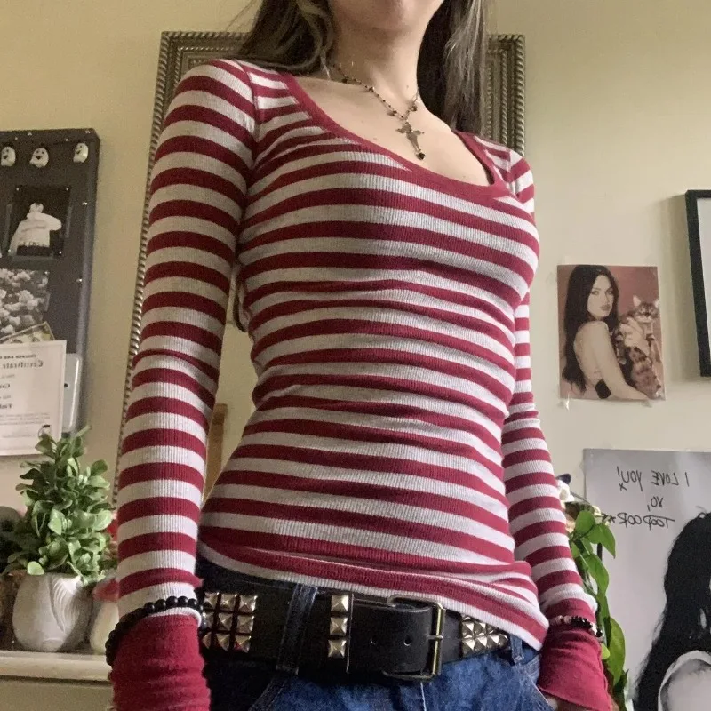 

Women's Red and Grey Shirt Striped Long Sleeve Tops Grunge 00s Fall Ribbed Soft Shirts