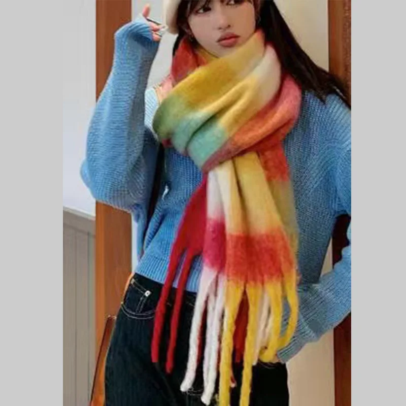 Winter Candy Color Women Scarf Korean Fashion Scarf Thickened Warm Shawl Classic Tassels Fluffy Scarf Solid Color Soft Shawl