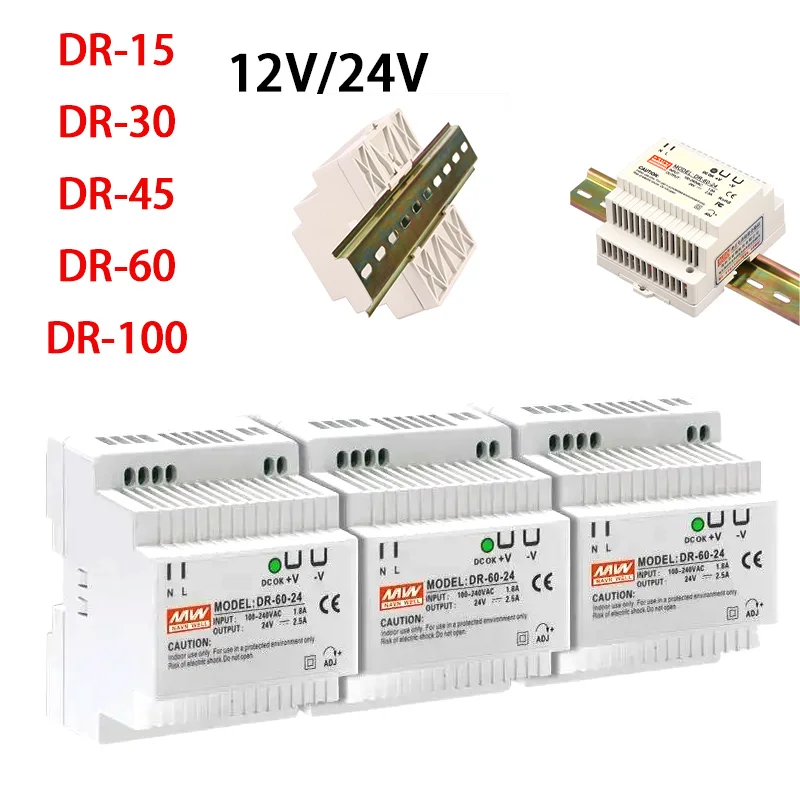 

1PCS DR-60W output 5V 12V 15V24V DIN rail switching power supply 24V DC 220V to 12V transformer 5v module power supply box