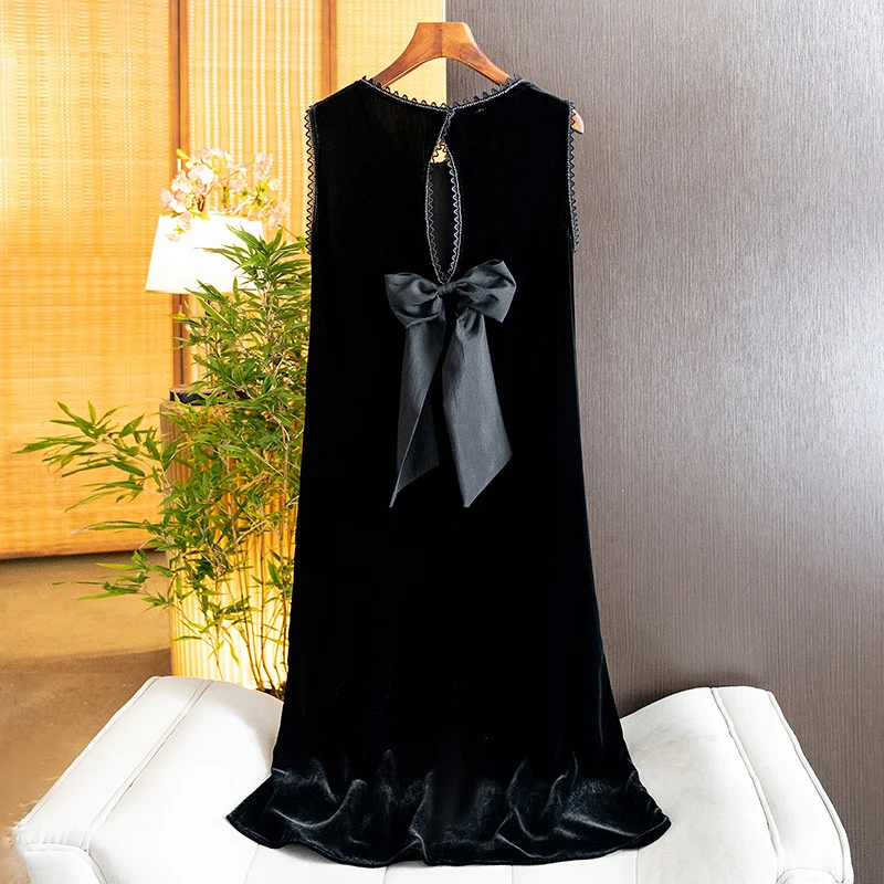 New Chinese-Style High-End Silk Velvet Dress with a Socialite Vibe for Women, 2026 Summer New Bow-Knot Long Dress for Women
