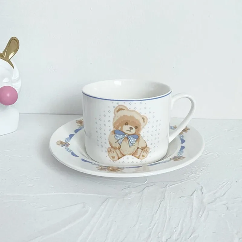 Cute Little Bear Korean Bone China Coffee Cup and Saucer Set Cutlery Coffee Plate Dish Home Afternoon Tea Set Gift For Girl