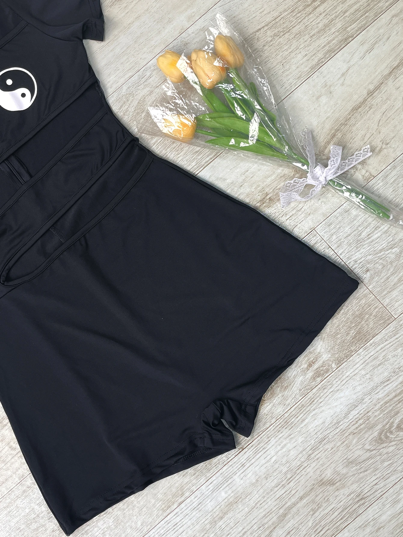 Y2K Gothic Harajuku Body Collo alto T-shirt a maniche corte Tuta Pantaloncini Nero Donna Punk Scava Fuori Abiti sexy della tuta