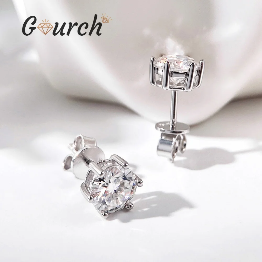

Серьги-гвоздики с муассанитом Gourch, цвет D, VVS1, круглая огранка, 6 когтей, стерлинговое серебро S925 для женщин, подарок, свадебная вечеринка, ювелирные украшения