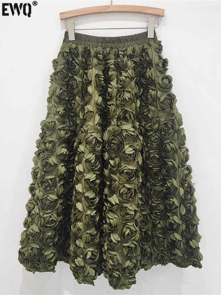 

[EWQ] Chic High Waist Casual Women Skirt Three-Dimensional Flower Design Beautiful Autumn 2024 Clothing Army Green Skirts Faldas