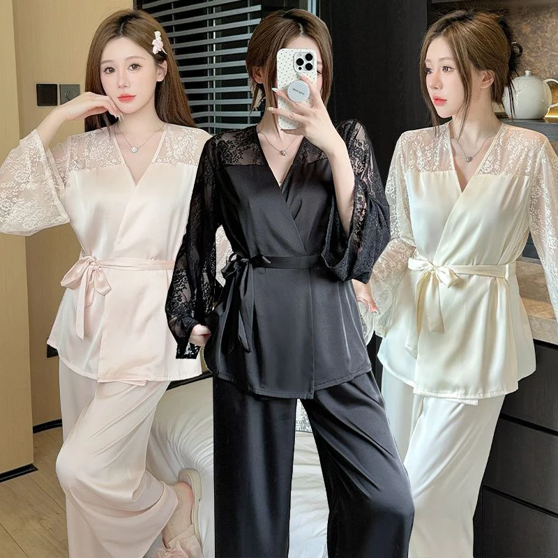 

2025 Summer Long Sleeve Silk Satin Cute Lace V-neck Pajama Sets Women French Court Sleepwear Homewear Pijama Mujer Home Clothes