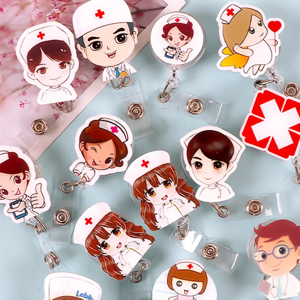 Kawaii Medical Workers ID Tag Employee\'s Work Card Cover Case Clip Retractable Badge Reel for Nurses Doctors Staff Badge Reel