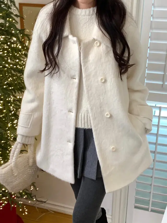 

Winter Women's Long Woolen Coat Sweet Gentle High Quali Hepburn Sle Loose Korean Faion Trendy Mid-Length Sweater Jaet