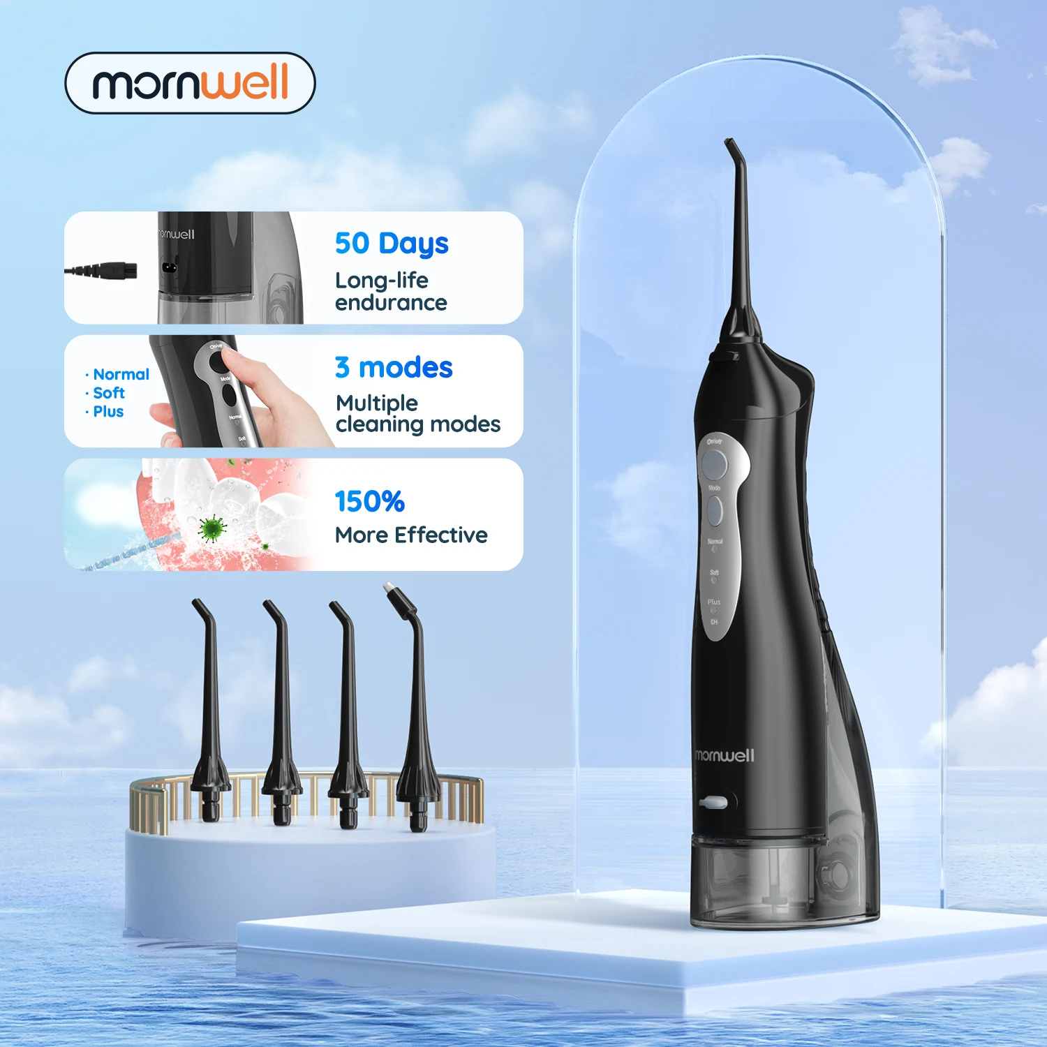 Mornwell D52 Dental Water Jet Oral Irrigator USB Rechargeable Water Flosser Portable 300ML Water Tank Waterproof Teeth Cleaner