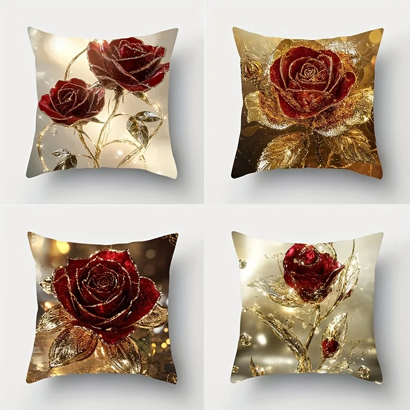 

4 Pcs Vintage-Style Rose Print Pillow Covers – 2D Flat Print Polyester Cushions for Living Room Sofa & Home Decor