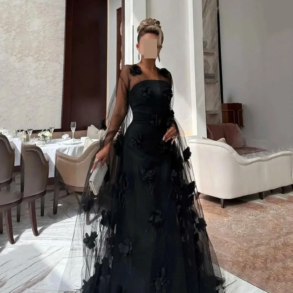 

Msikoods Evening Dresses 2025 3D Flower Sheer Cape Prom Dress Floor Length Saudi Arabic Formal Occasions Party Dress Customized