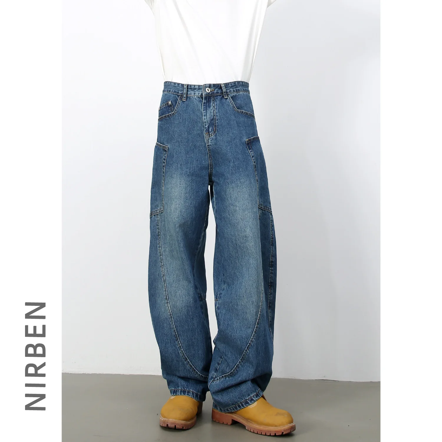 American Retro Silhouette Trendy Brand Scimitar Jeans Men's Loose Structure Design Wide-leg Pants