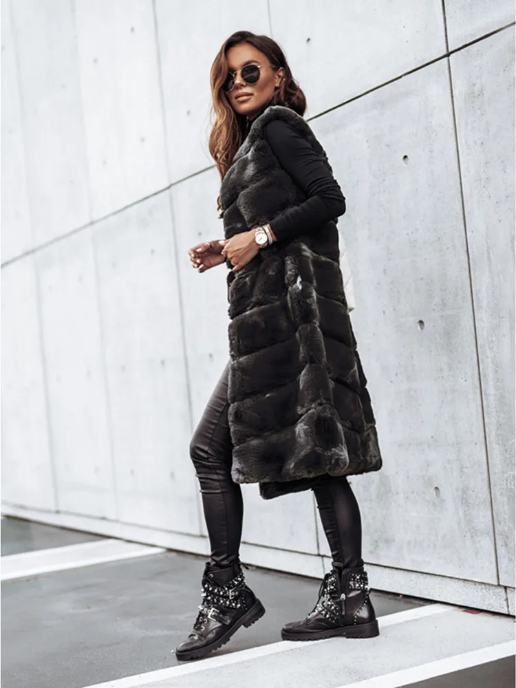 

BKLD 2026 New Women's Clothing Autumn And Winter Round Neck Fauxe Fur Long Vest Jacket Solid Color Sleeveless Coats Cardigan