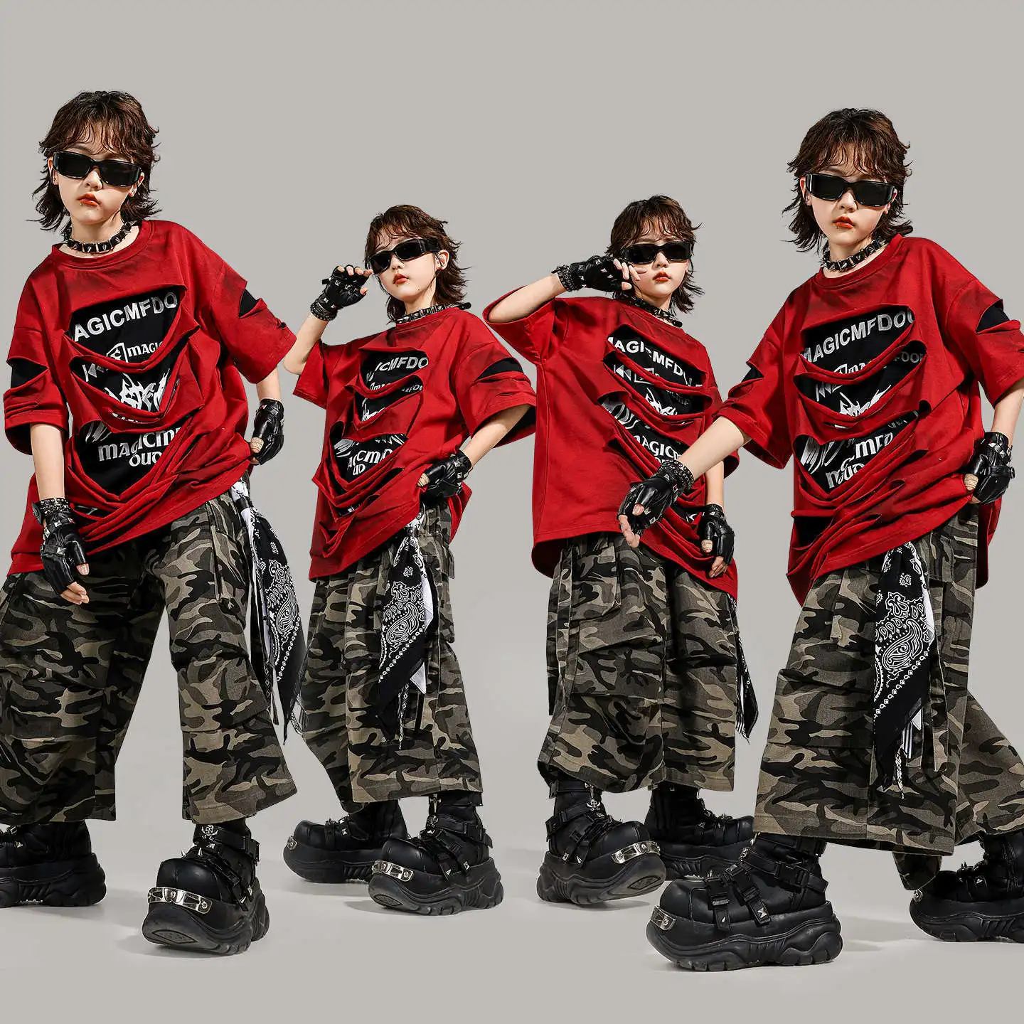 

Красная футболка в стиле хип-хоп для мальчиков, свободные рваные штаны для уличных танцев, комплекты одежды K-pop для девочек, детские джазовые костюмы, уличная одежда для детей-подростков