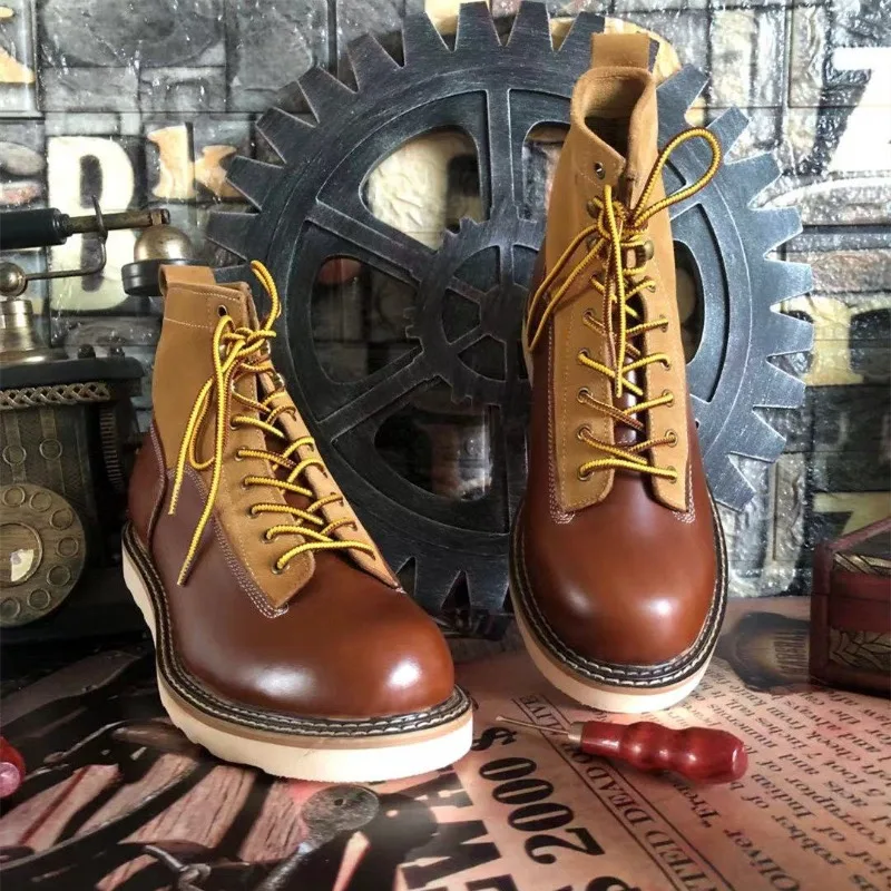 

Custom Plus-Size Handcrafted Vintage Motorcycle Boots Men Outdoor Hiking Work Shoes Cow Leather High-Top Amekaji Ankle Boots