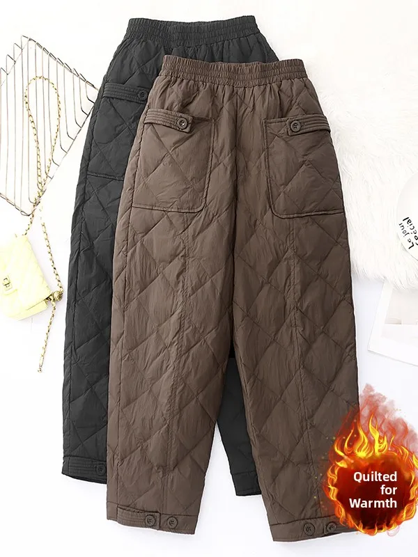 Pantalones Harlan de algodón con identificación de diamante de Color puro artístico, pantalones casuales cálidos adelgazantes versátiles de talla grande para mujer, pantalones holgados de cintura alta