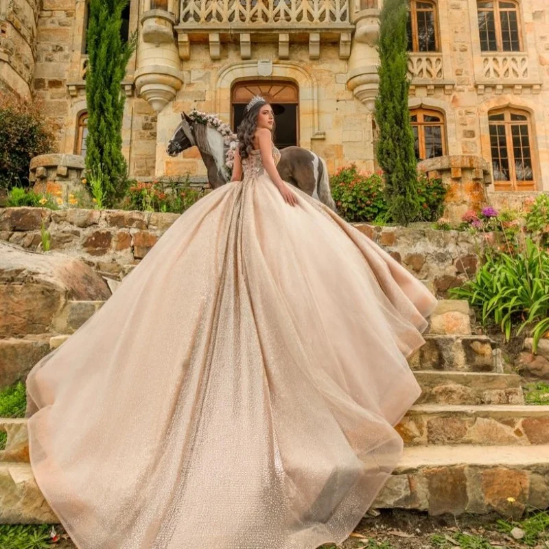 Shiny Champagne Quinceanera Dresses Off the Shoulder Glitter Bead Decal Lace Long tail Vestidoe 15 Quinceanera Customize