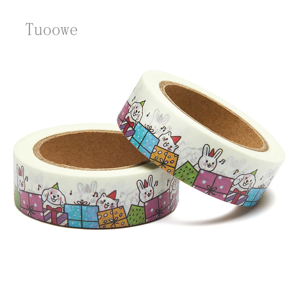 NEW 1PC 15mm x 10m Catoon Cute Dog Bunny Cat Presents Washi Tape Scrapbook Masking Adhesive Washi Tape Stationery