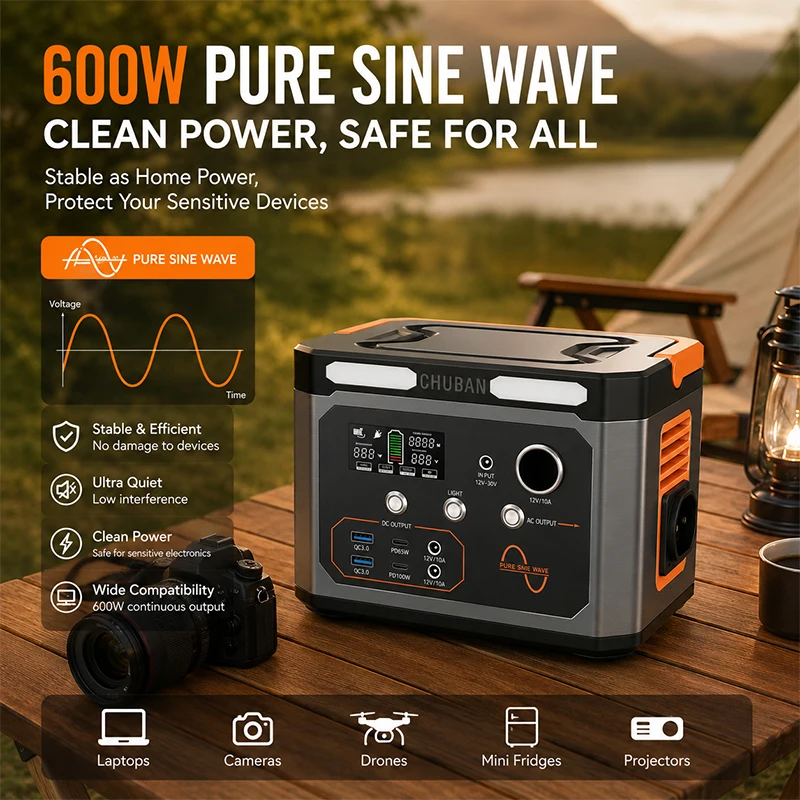 Estación de Energía Portátil de 600W y 310Wh con Onda Sinusoidal Pura, Batería de Almacenamiento de Energía Solar para Viajes y Campamentos en Europa
