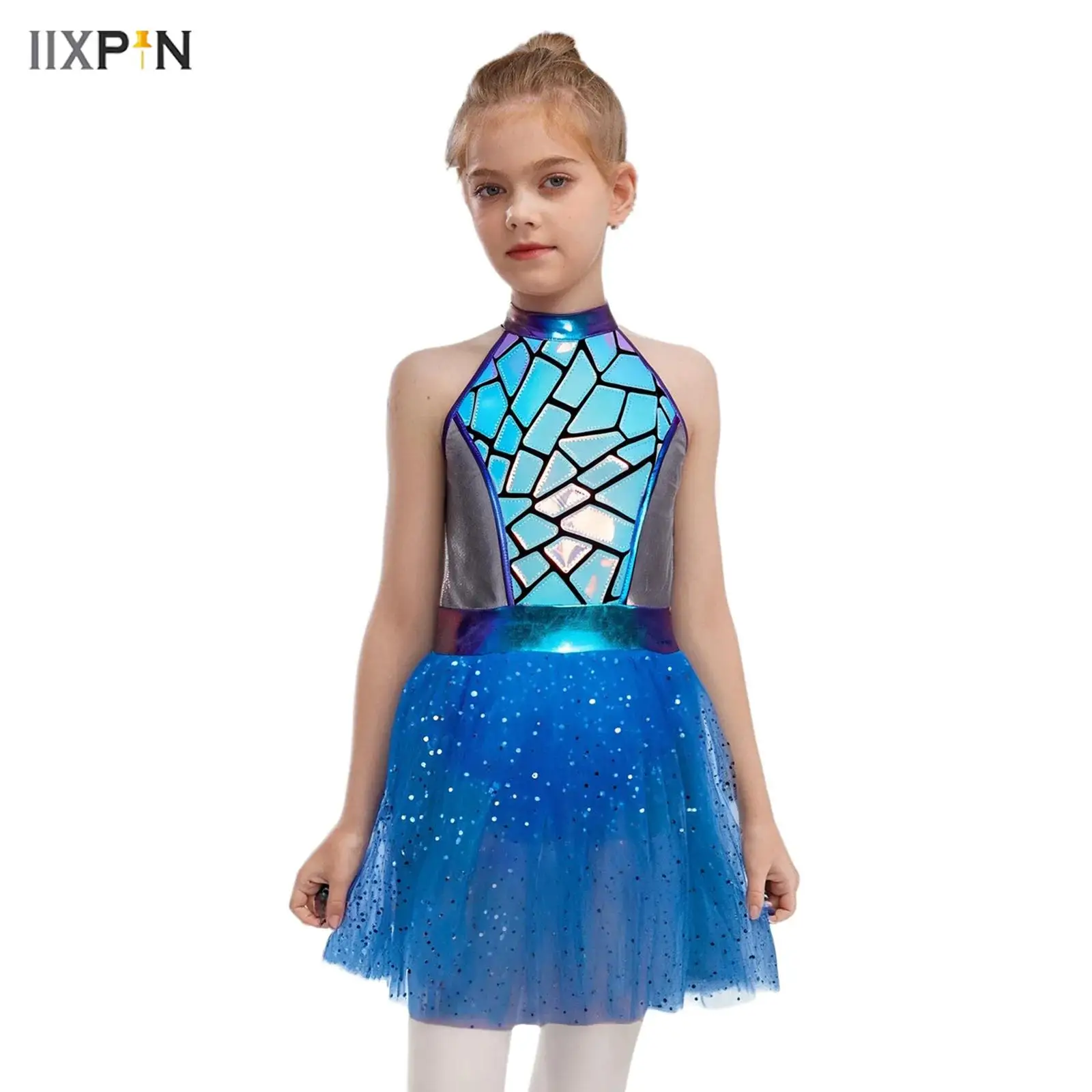 

Girls Halloween Theme Party Alien Cosplay Costume Sequins Shiny Metallic Halter Sleeveless Mesh Tutu Dress Jazz Ballet Dancewear