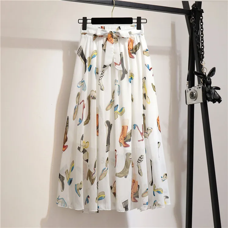 Summer Skirts Women Korean Fashion Office Ladies Commuter Chiffon High Waist A-line Floral Elastic Waist Skirts Pleated Skirt